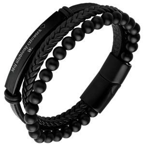 Potrójna bransoletka męska z czarną blaszką i grawerem