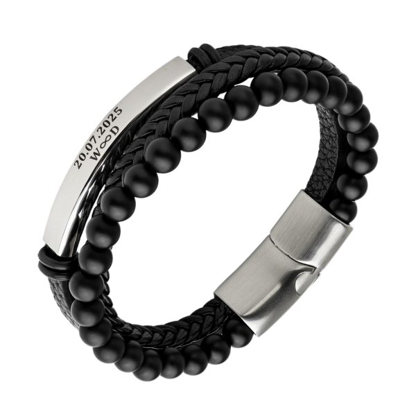 Potrójna bransoletka męska ze srebrną blaszką i grawerem